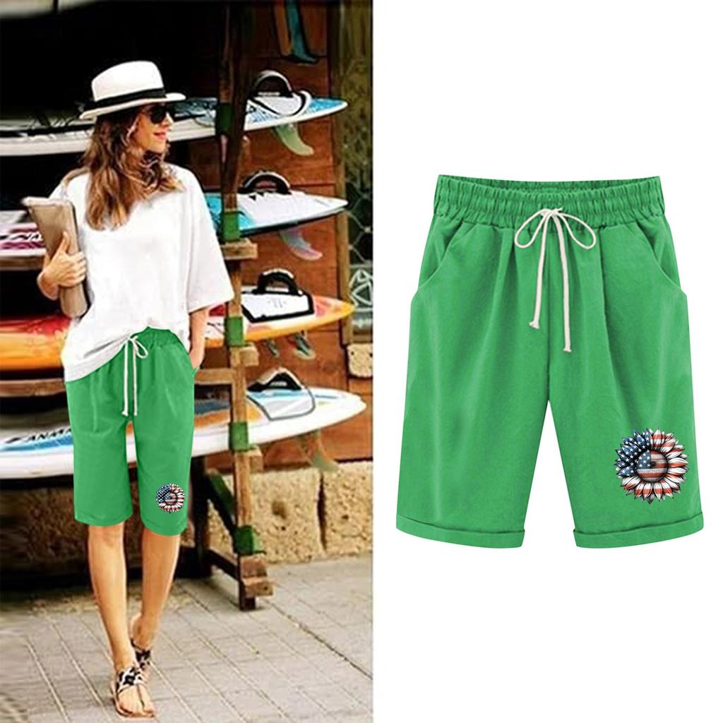 Plus Size Shorts For Women Stretchy Curvy Cotton Linen Drawstring Elastic Waist Bermuda Shorts Casual Beach Clothes