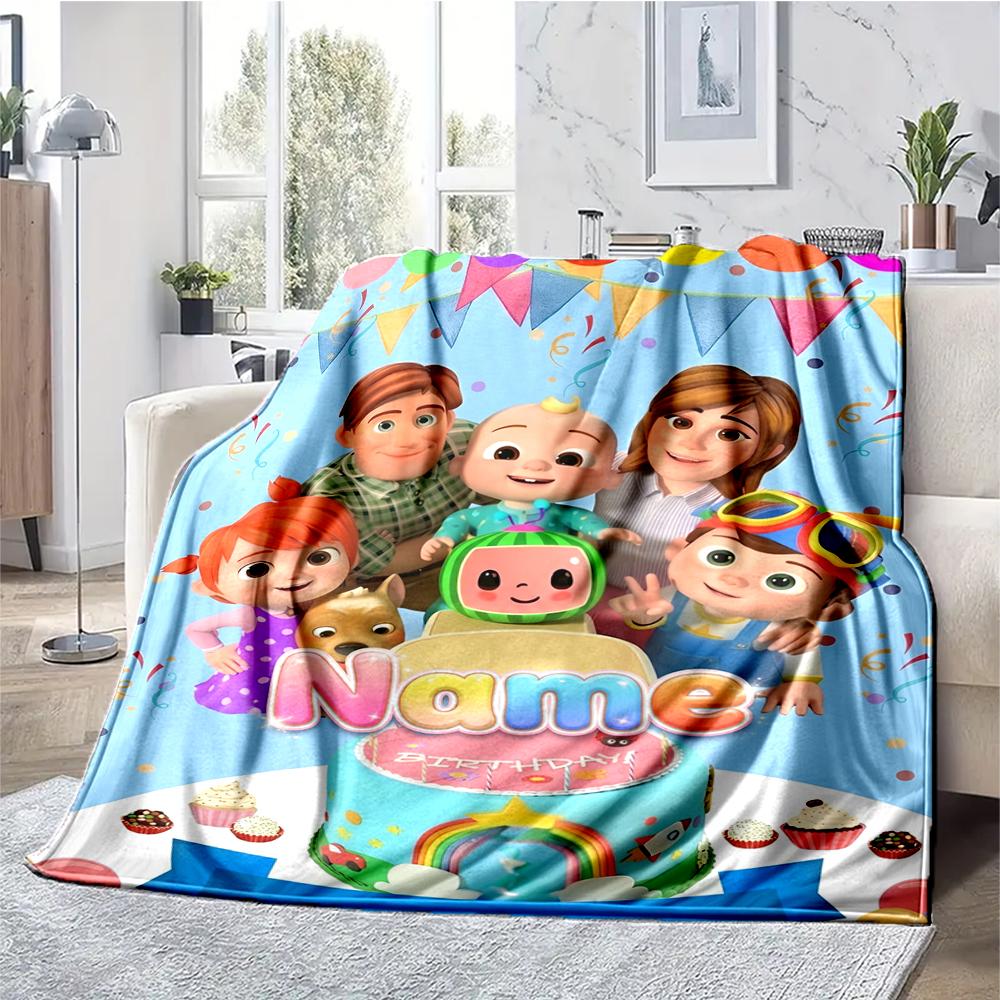 Custom Name Cocomelon Theme Printed Blanket - Perfect for Couch, Bed, Travel & Outdoor Use | Machine Washable, Cozy & Durable.