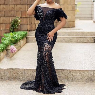 Women Wedding Bride Bridesmaids Elegant Off Shoulder Lace Sequins Short Sleeves Maxi Long Dress Party Ball Gown