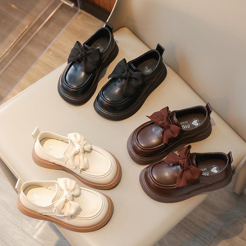 Girls Fashion Leather Shoes 2-18 Years Old Brown Bow Girls Walking Shoes Beige Hundred with Non-slip Children Baby Single Shoes