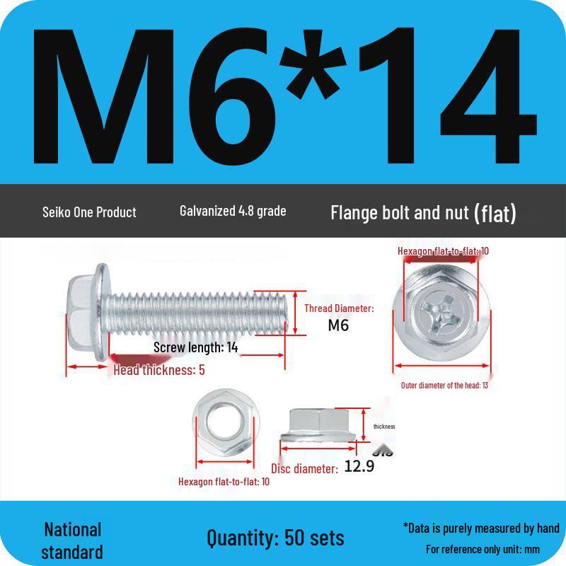 4.8 Grade Galvanized Hex Bolt Set with Anti-slip Washer & Nut, Cross Flange Head, M4/M5/M6/M8mm