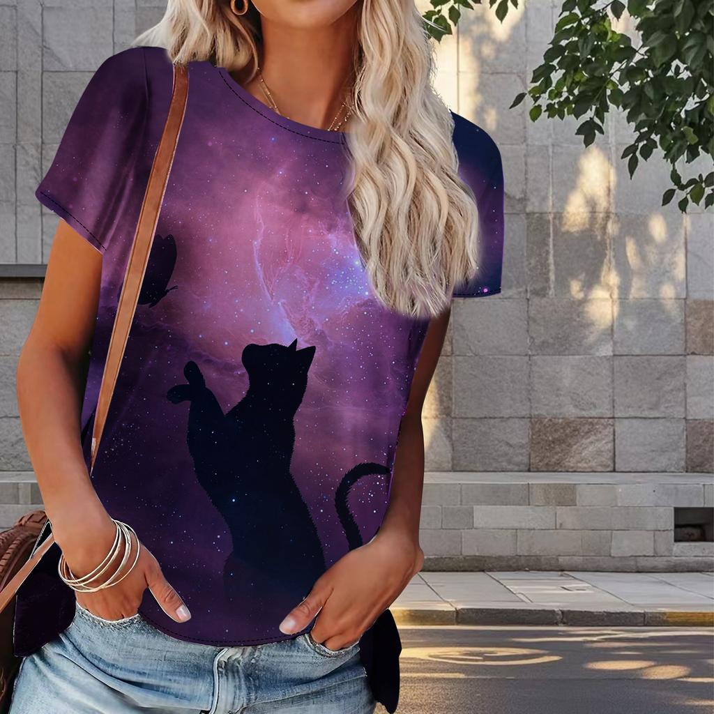 Damen T-Shirt mit Katzen-Print, Retro-Mode, kurzärmelig, lässig, bedruckt