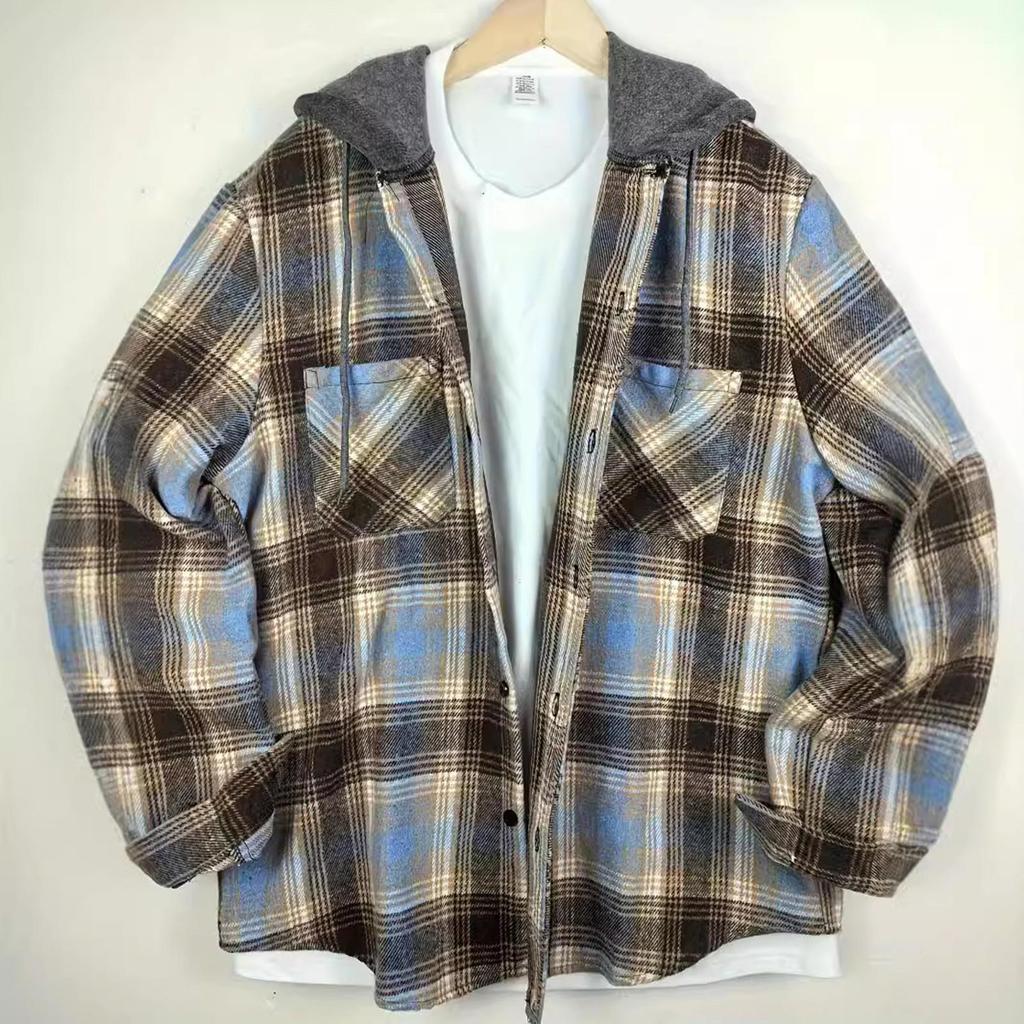 Herren Gestreift Kariert Lässig Locker Knopf Revers Langarm Kapuzen Strickjacke Hemd Jacke