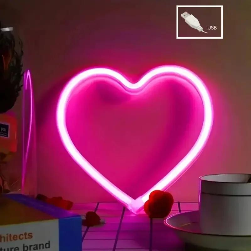 LED Night Light Dual Power Neon Heart Shape USB/Battery Operated Romantic for Home Bedroom Decor Gift Party Lighting Portable