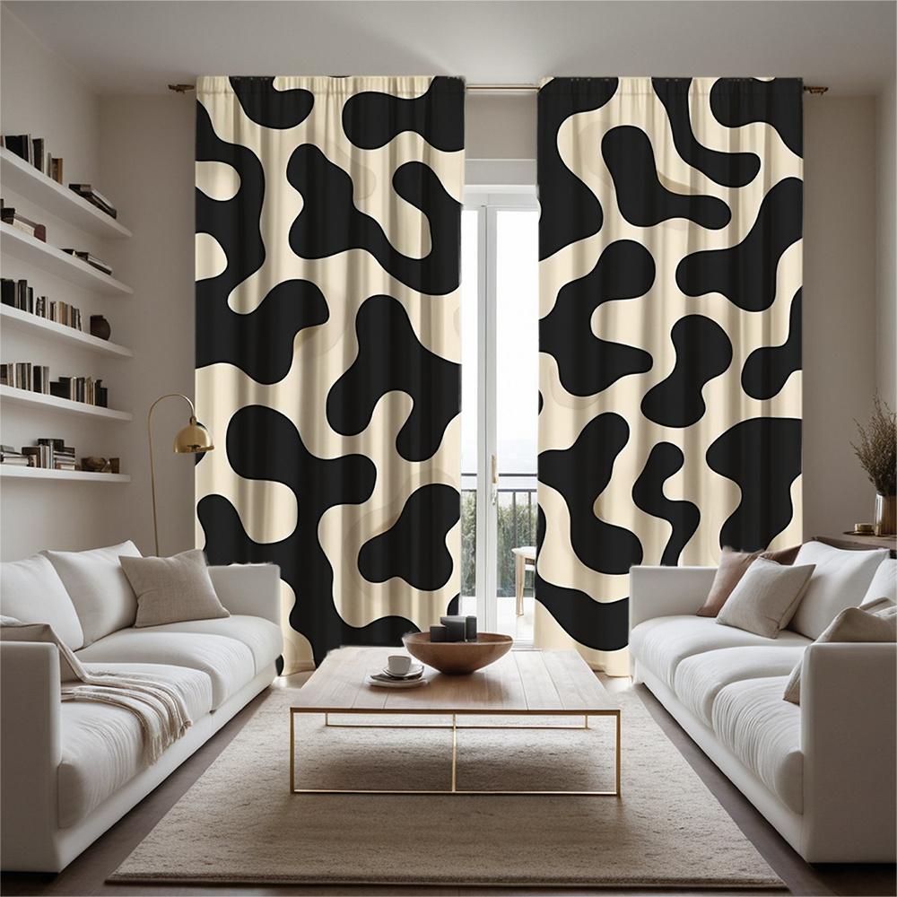 Set Of 2 Modern Window Curtain Panels Black White Cow Print Semi Curtains Lightweight Polyester Drapes Livin Light Filtering