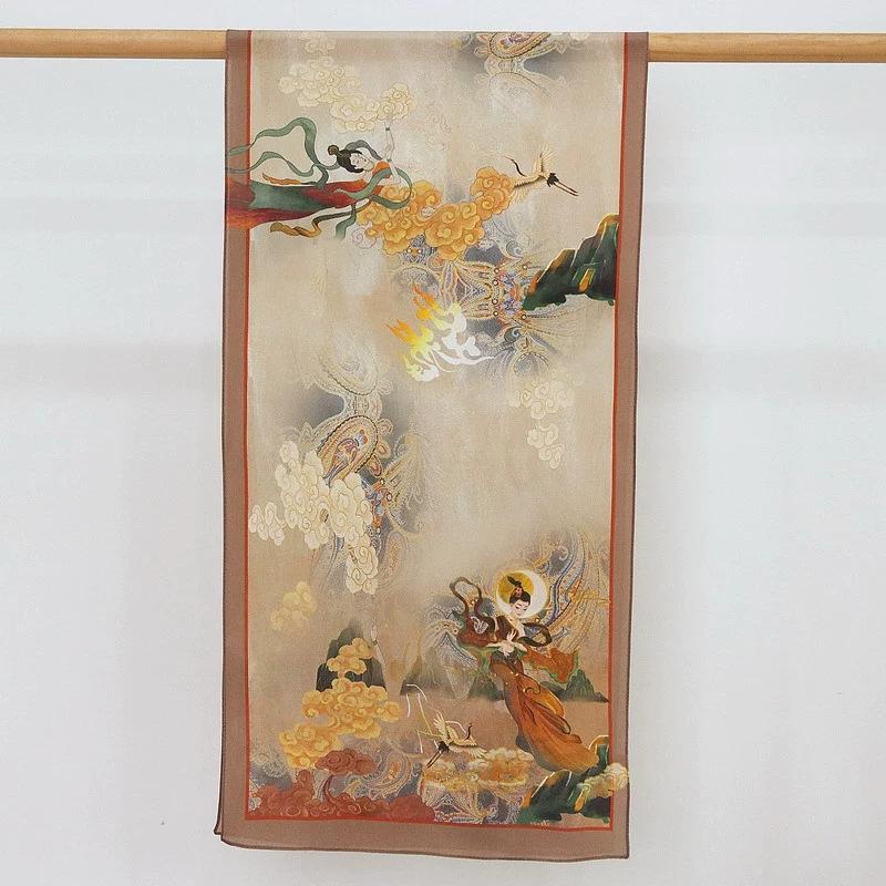 Chinese Style Fairy Dunhuang 100% Pure Silk Scarf for Women INS Luxury Hangzhou Long Silk Scarf 140x35cm