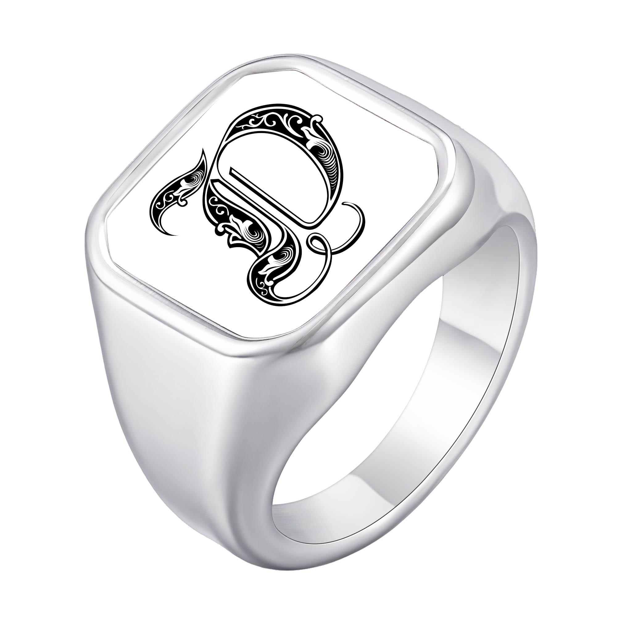 Engrave Custom A-Z Initial Picture Rings for Men, Stainless Steel Male Signet Ring, High Polished Finger Jewelry Gift Father Day US size 7