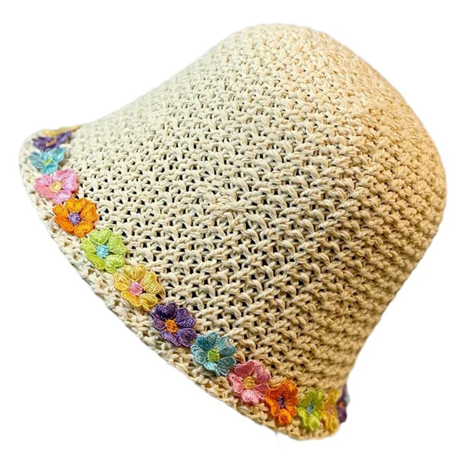 Girls Teens Crochet Bucket Hat with Flower Decals Woman Straw Weaving Floppy Hat Teens Summer Spring Camping Sun Hat One Size бежевый