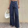 Womens High-Waisted Wide-Leg Straight Jeans Loose Fit Denim Pants Vintage Washed Blue