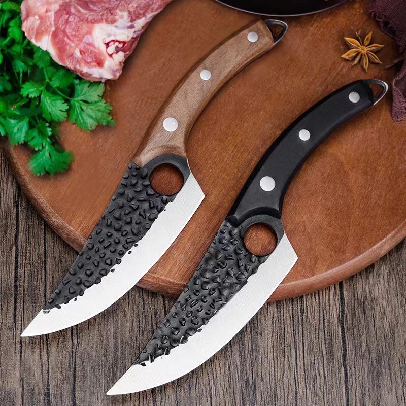 Wooden Handle with Hole Boning Knife Hammer Pattern Forging Slaughter Cutting Meat Skinning Knife Killing Fish with Leather Case