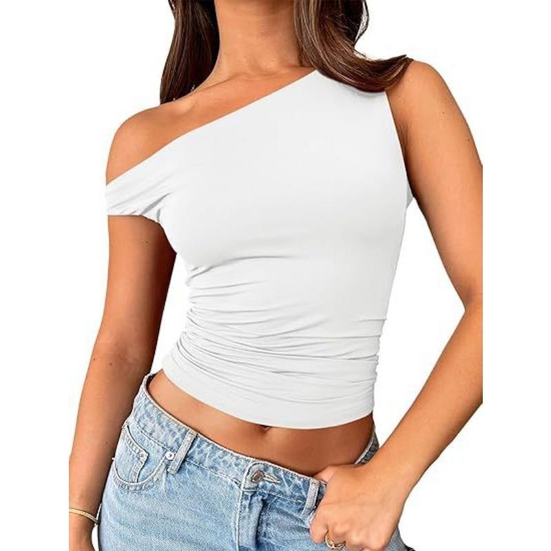 Women one shoulder asymmetrical short sleeve ruched crop top solid black slim casual tee