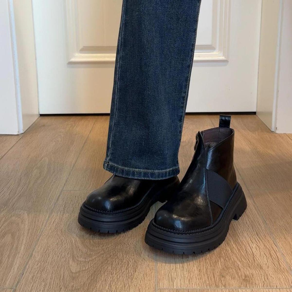 

Personalized version~ Retro British soft leather Martin boots side zipper thick sole thick heel versatile small short boots black boots for women 40 чёрный