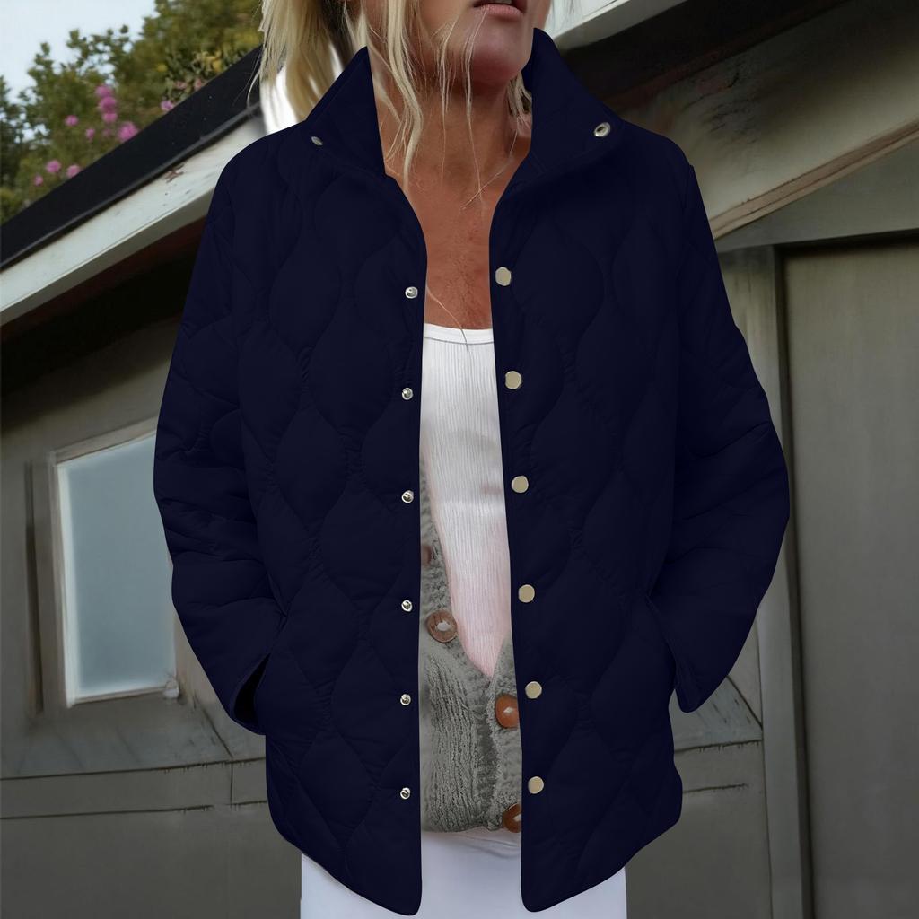 Women's Solid Color Stand-Up Collar Pleated Cotton Long Sleeve Button-Up Jacket
