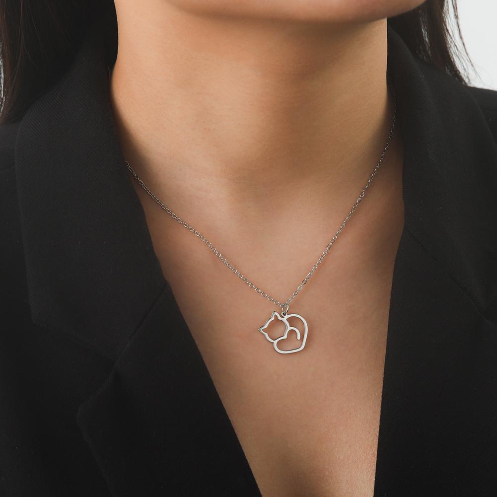 Lucktune Cute Cat Love Pendant Necklace Stainless Steel Animal Chain Necklace for Women Couple New Trendy  Jewelry Gift