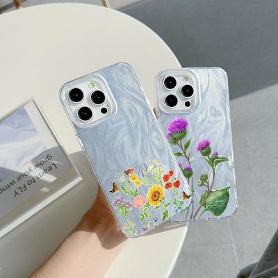 N75 Butterflies Flowers Clear Frame Case for Samsung S25 Ultra iPhone 16 13 Pro Max Xiaomi Redmi Note 13 Feather Chiffon Texture Silver Plated Cover