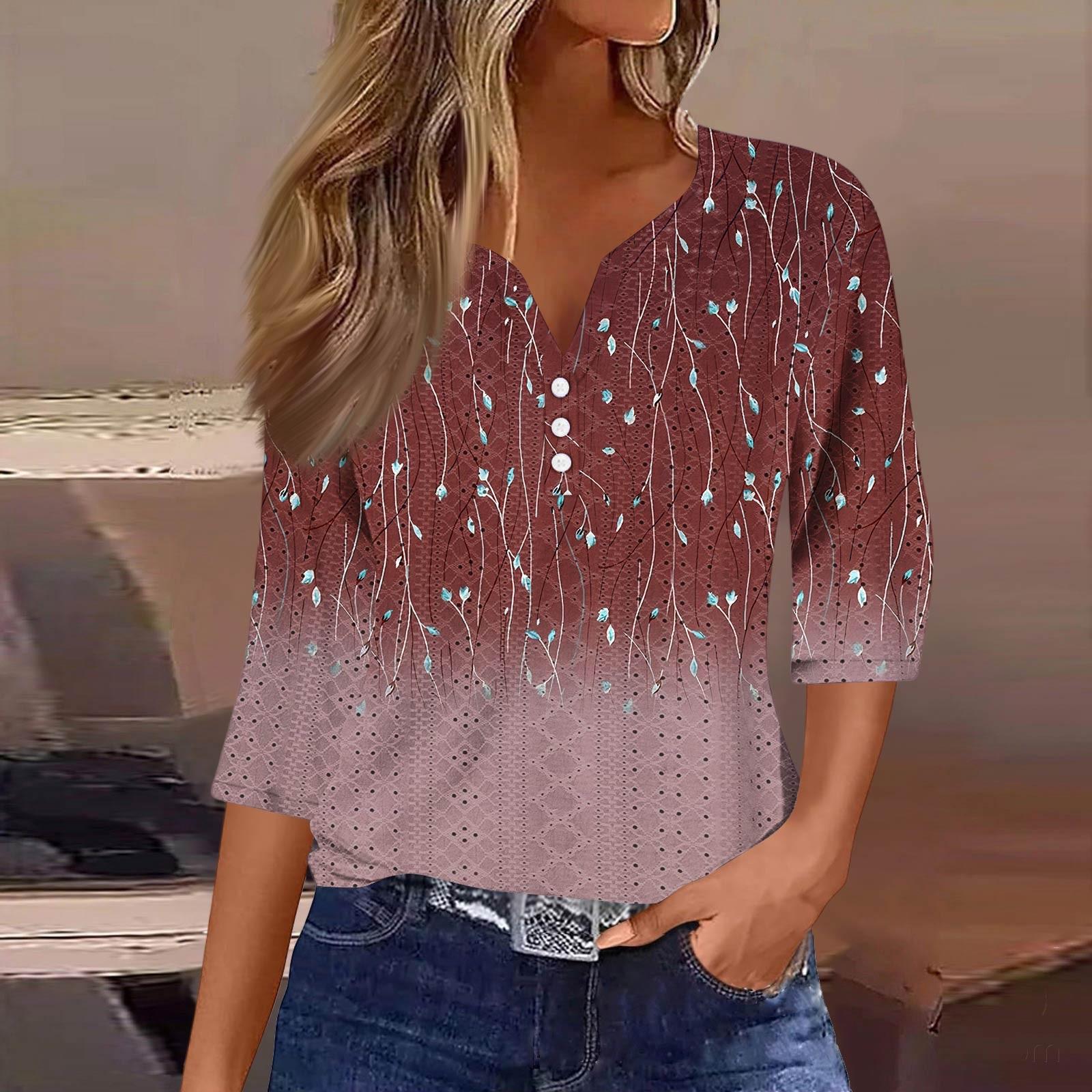 

Женская модная футболка с V-образным вырезом, пуговицами, семью рукавами, повседневный топ с цветочным принтом S винный