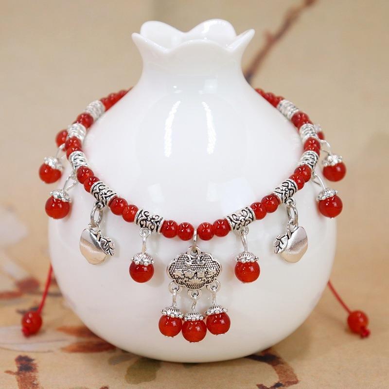 

Новый женский летний браслет на ногу из красной веревки с натуральным агатом, в стиле ретро, с безопасным замком и бахромой из колокольчиков, натуральные аксессуары для браслета на ногу