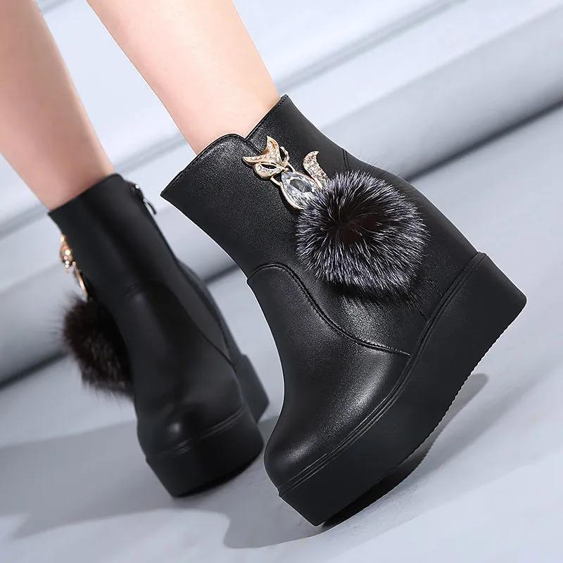 Inner Heightening Short Boots Women's Winter Leather Plus Velvet Thick-heeled Thick-soled Cotton Boots Women's Snow Boots High-top Shoes