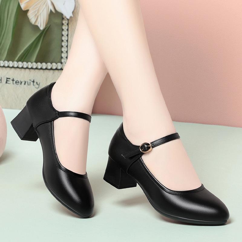 Cheongsam Catwalk Shoes Women's Medium Heel Leather Shoes Thick Heel Work Shoes One-button Black Round Head Professional Single Shoes