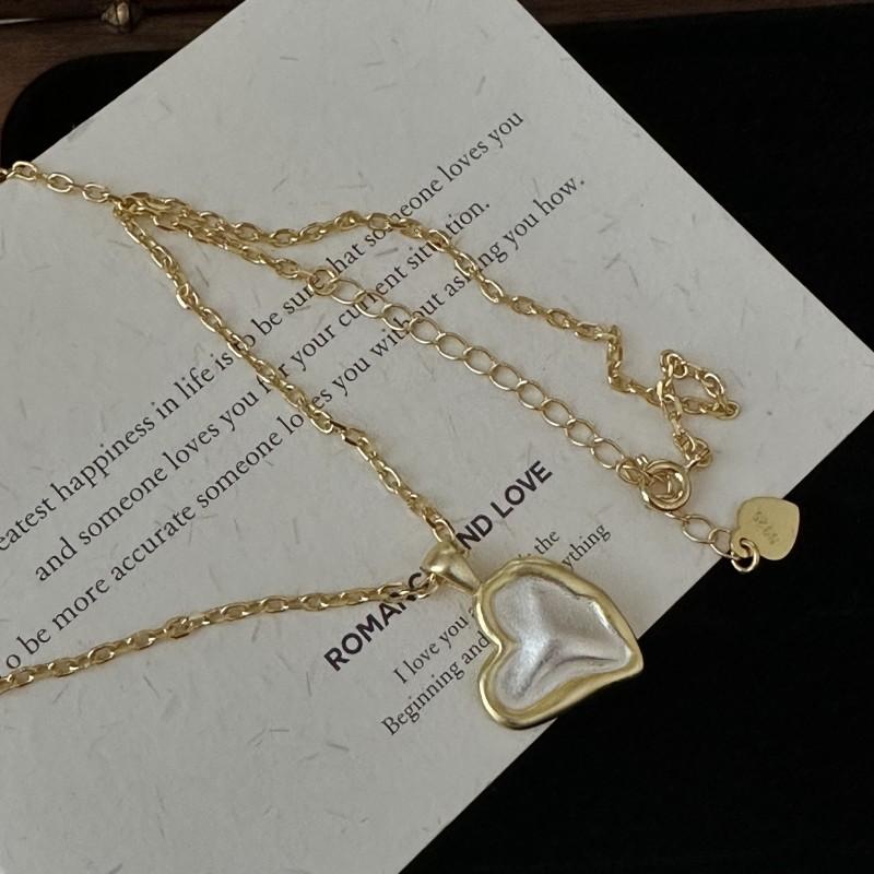 925 Silver Gold And Silver Contrasting Matte Love Necklace Korean Style Simple And Fashionable Style Blogger Collarbone Chain 925 silver