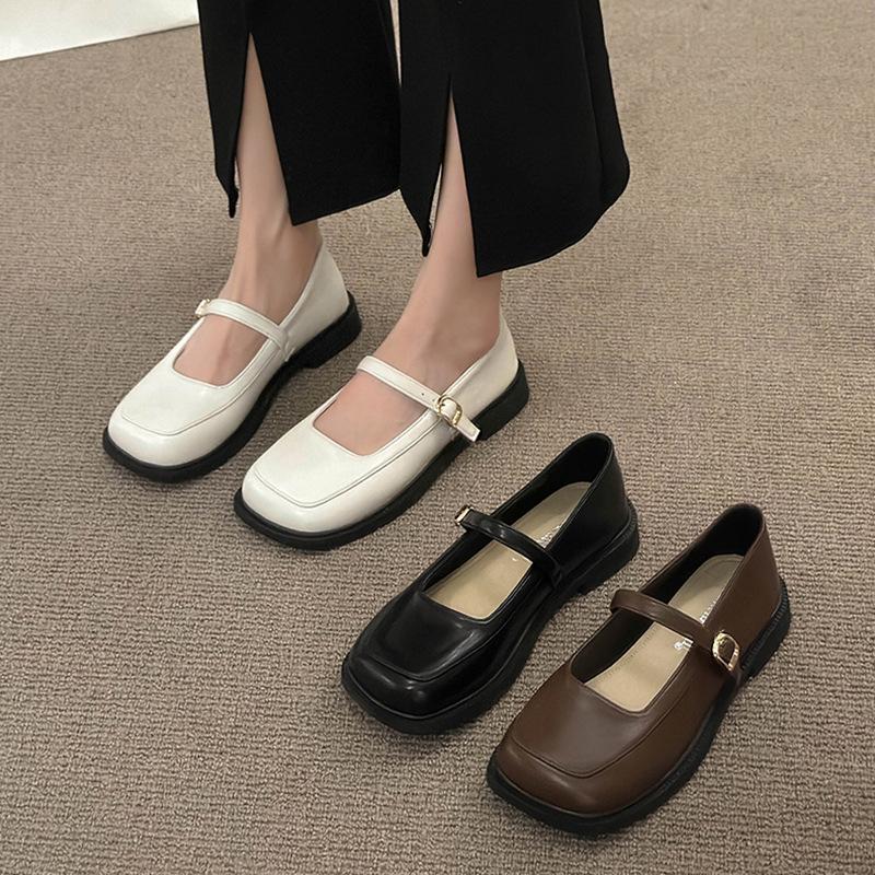 Mary Jane Shallow Mouth Single Shoes Soft Sole Square Head Small Leather Shoes Women's New British Style Loafers Summer with Skirt