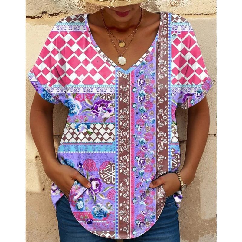 Colorful Floral Pattern Women's T-shirt Summer Outdoor Casual V-neck Short-sleeved Top OverSize Women's Clothing