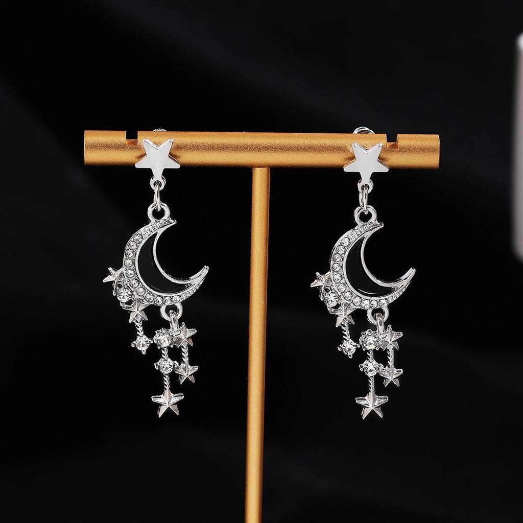 Silver Needle Korean Luxury Moon & Star Diamond Tassel Earrings
