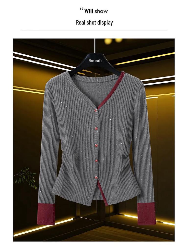 Women's V-Neck Contrast Patchwork Knit Cardigan