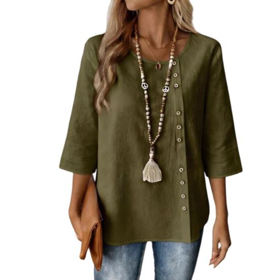 

Женская футболка с круглым вырезом, коротким рукавом, свободного кроя, пуловер, однотонная, с декором из пуговиц, летние повседневные топы, для повседневной носки M армия зеленый