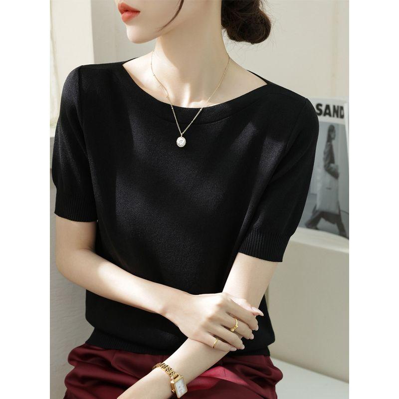 

Summer Chic Slim Looking Short Sleeve Loose Ice Silk Sweater New Arrival Fashion off-Shoulder Collar Versatile T-shirt Women Black ~ high quality fabric 2XL