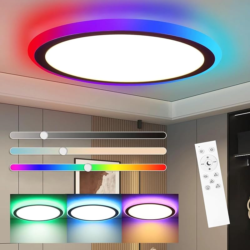 Flush Mount LED Ceiling Light Dimmable with Remote Control, 13Inch 30W RGB Sidelight Close to Ceiling Light Fixture 3000-6500K, Modern Ultra-Thin Black Frame