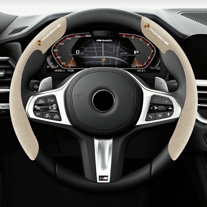 ACDOH1 2Pcs Car Steering Wheel Cover Suede Anti-slip Cover For Porsche 911 Cayenne Carrera-GT 928 Panamera Boxster Macan 918-Spyder 968