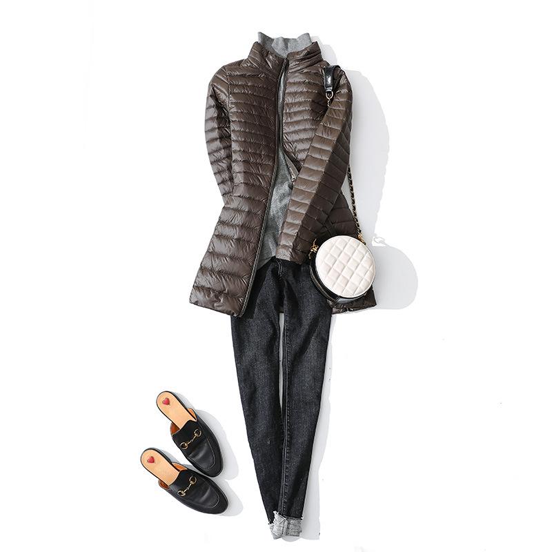 Women's Mid-Length Lightweight Down Jacket - New Fall/Winter Slim Fit with Stand Collar & Long Sleeves, Plus Size, White Duck Down.
