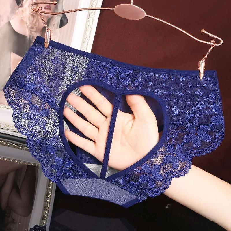 Women'S Panties Summer Thin Lace Floral Hollowed Underwear Open Butt Thong Lingerie Low Rise Transparent See Through Briefs