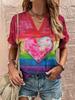 2025 New Summer Women's V-Neck T-Shirt Outdoor Casual Short Sleeve Tops Fashion Love Style Pattern OverSize Women's Clothing