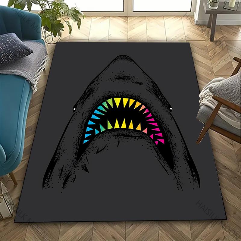3D Shark Theme Printed Carpet Edgy Nautical Horror Statement Rug for Living Rooms Bedrooms, Office Areas, Durable Washable Mats