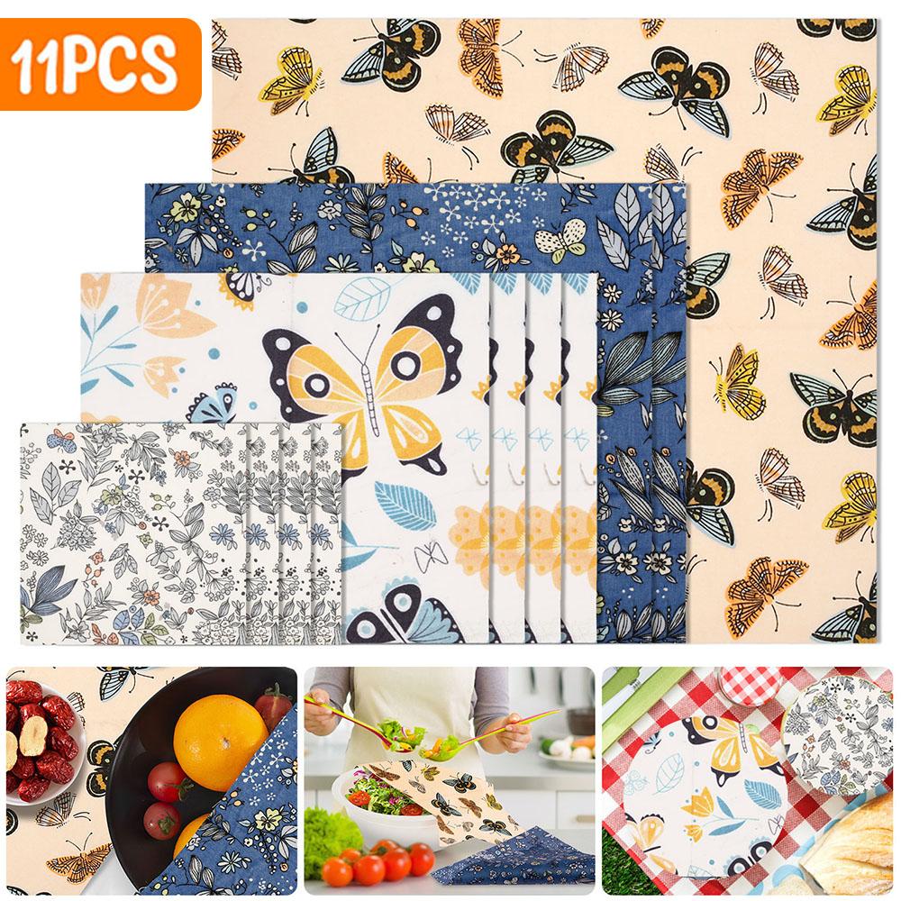 11 Pièces Emballage Alimentaire Cire d'Abeille Multi-tailles Emballage Cire d'Abeille Coton Biologique Environnemental Tissu Ciré Réutilisable Ménage Cuisine Pique-nique Emballage