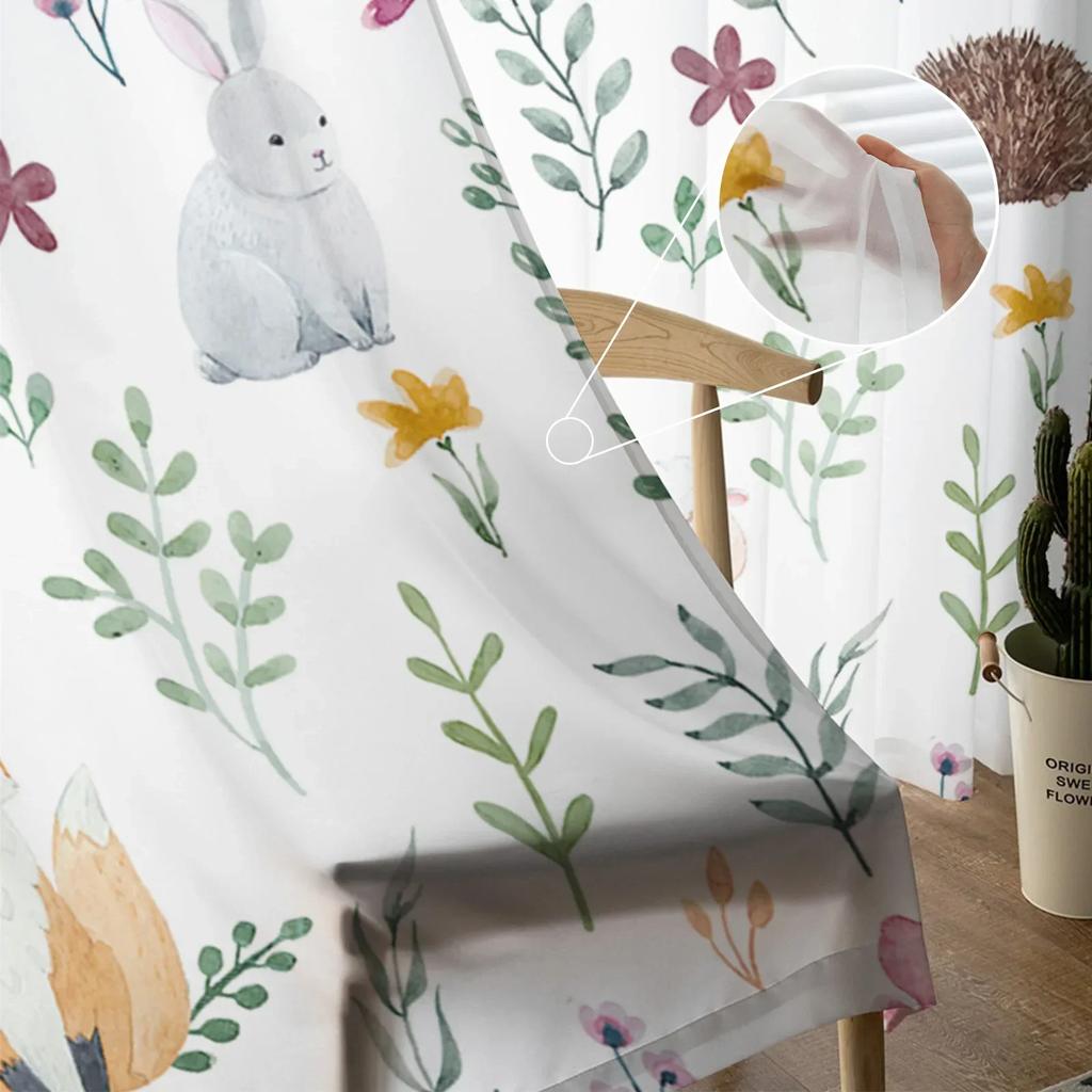 Cartoon Animal Hedgehog Fox Rabbit Green Leaf Tulle Sheer Window Curtains for Living Room Bedroom Voile Organza Curtains Drapes