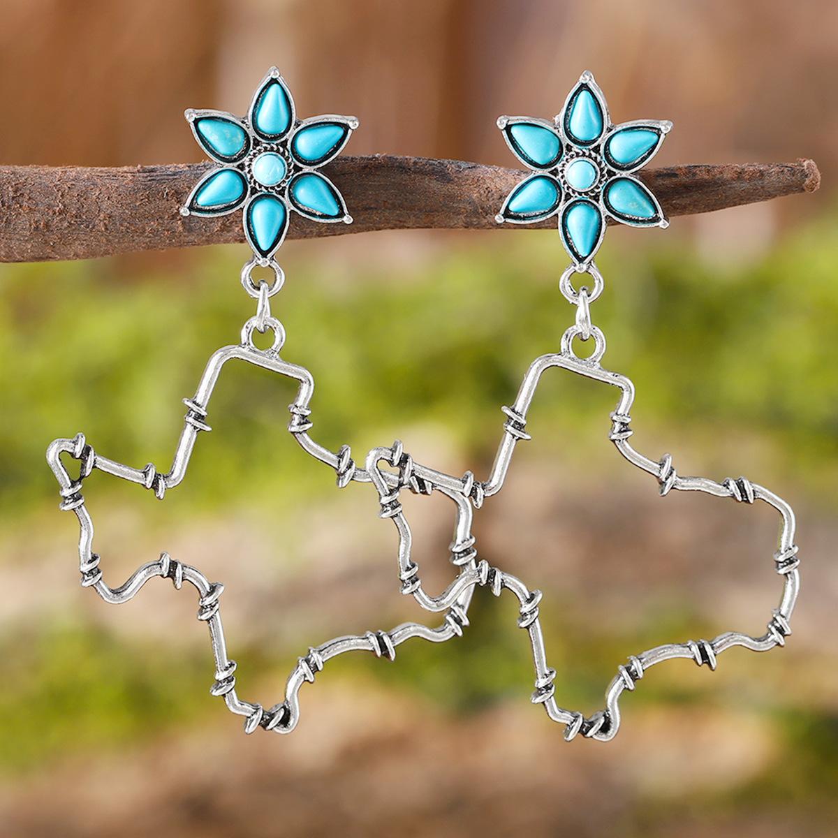 

Винтажные серьги в западном стиле «Техас» с инкрустацией бирюзой, серьги в виде карты Техаса из полой колючей проволоки, преувеличенные креативные женские серьги