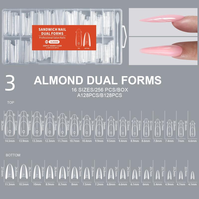 

256PcsSandwich Dual Nail Mode For Nail Extension Almond Coffin 16 Size Reusable Top Bottom Forms Nail Art Extension Tools