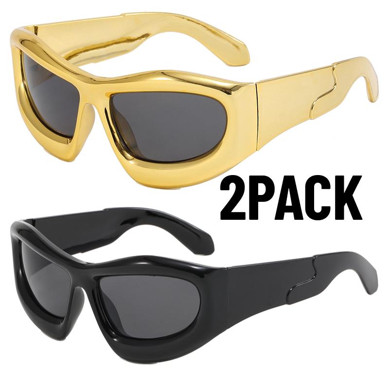 2PACK Trendy Men Cycling Climbing Glasses UV400 Protection High-end Silver Sunglasses Fashionable Square Frame