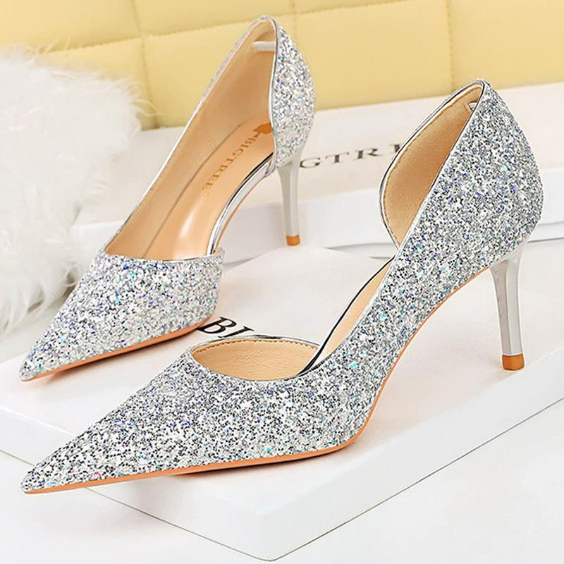 

Women 7cm 10.5cm Super High Heels Blue Gold Pumps Sexy Sequins Bling Low Heels Lady Scarpins Luxury Stiletto Sparkly Party Shoes 34