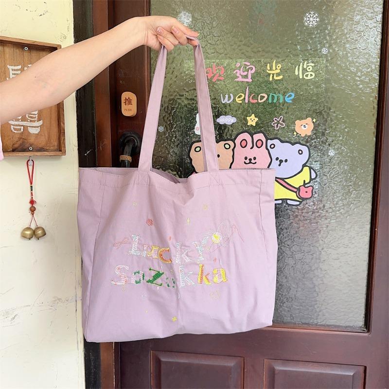 Summer canvas embroidery casual lazy style literary hand carry shoulder bag shopping bag canvas schoolbag