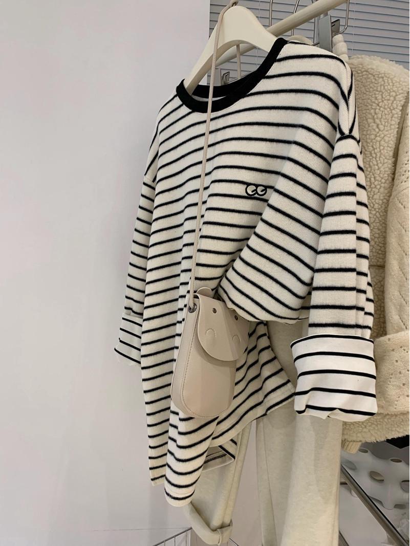 

2218 Вышитая полосатая футболка средней длины с начесом - издание начала весны 2023 года для женщин 2XL белый