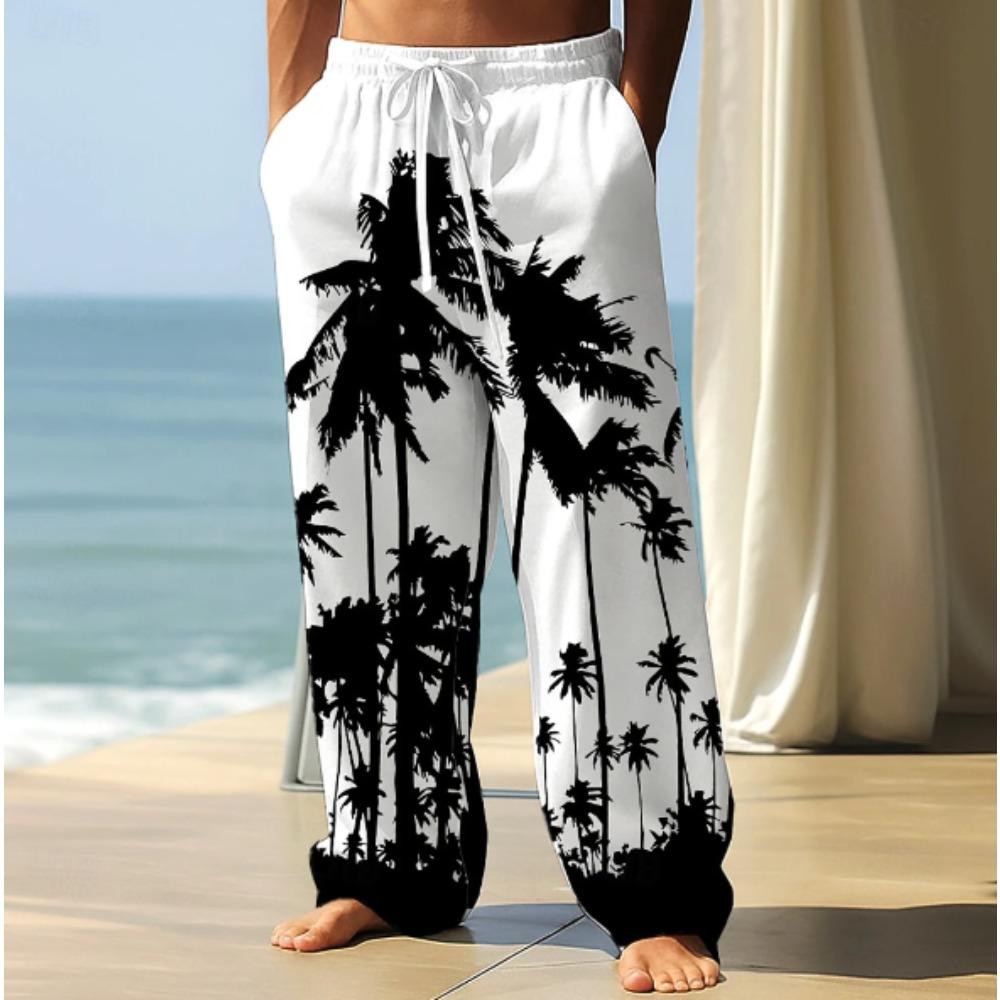 Men's 3D Coconut Tree Printed Baggy Casual Trousers, Elastic Drawstring Waist with Pockets, for Spring Summer Home Outdoor Vacation