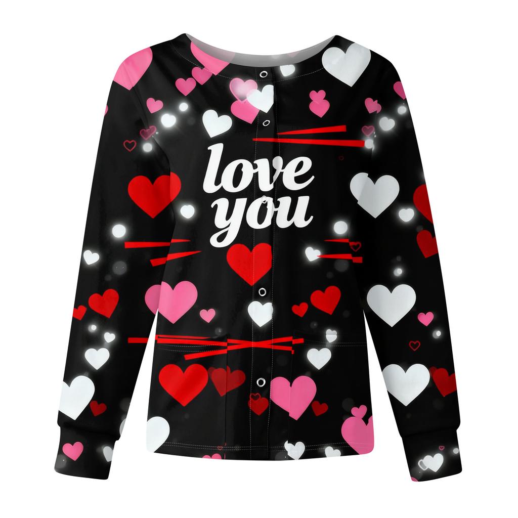 Women's Casual Fashion Long Sleeve Standing Collar Single Breasted Valentine's Day Print Workwear Jacket Tops