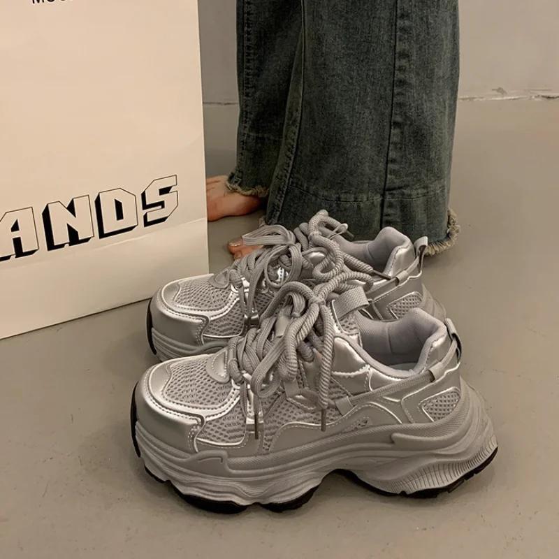 Chunky Platform Sneakers for Women Spring Thick Sole Vulcanized Shoes Woman Non Slip Mesh Breathable Casual Sports Shoes