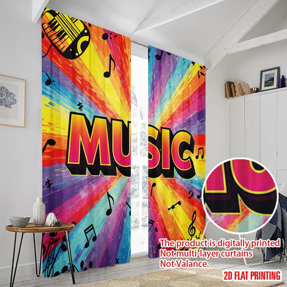 2pcs 2D Flat Printing Window Curtains Music Notes Guitar Instruments Polyester Without Electricity Festive Curtains for