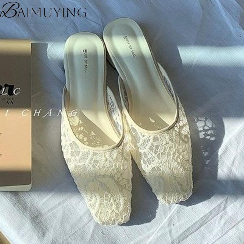 Mesh Hollow Slippers Women Heeled Sandals Square Toe Lace Shoes Casual 2025 Trend Chunky Mules Summer Dress Woman Comfort Slides