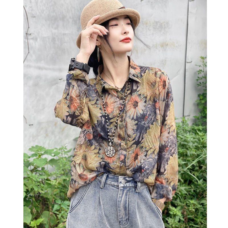 Vintage Fashion Printing Single-breasted Cardigan Blouse Womne Classic Long Sleeve Personality Polo Collar Loose Lady Shirt 2023